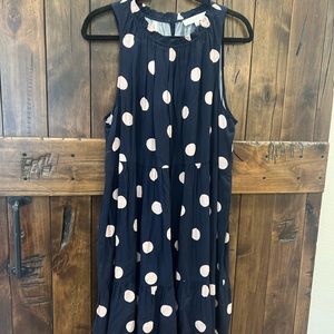 Loft Dress / navy blue with pink polka dots